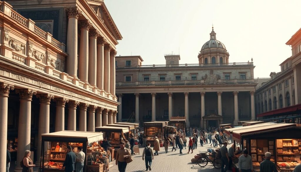 A magnificent Roman-style marketplace, Trajan's Market, stands proud in the heart of ancient Rome. The sprawling complex features tiered arcades, ornate columns, and intricate carvings, all bathed in warm, golden light. Shopkeepers bustle about, their stalls overflowing with exotic goods from far-off lands. The scene evokes a sense of bustling commerce and cultural exchange, capturing the essence of one of the world's first shopping centers. Intricate architectural details and a sense of grand scale fill the frame, inviting the viewer to step back in time and immerse themselves in the vibrant, historic atmosphere. A magnificent Roman-style marketplace, Trajan's Market, stands proud in the heart of ancient Rome. The sprawling complex features tiered arcades, ornate columns, and intricate carvings, all bathed in warm, golden light. Shopkeepers bustle about, their stalls overflowing with exotic goods from far-off lands. The scene evokes a sense of bustling commerce and cultural exchange, capturing the essence of one of the world's first shopping centers. Intricate architectural details and a sense of grand scale fill the frame, inviting the viewer to step back in time and immerse themselves in the vibrant, historic atmosphere.
