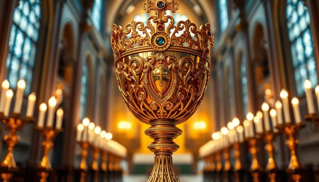 A magnificent papal chalice, a sacred vessel gleaming in the soft, ambient light of a grand cathedral. The intricate, ornate design features delicate filigree and precious gemstones, reflecting the reverence and grandeur of the Catholic liturgy. The chalice's surface catches the warm glow of flickering candles, casting a ethereal, mystical atmosphere. Expertly crafted, this ceremonial chalice symbolizes the profound spirituality and solemn rituals of the papal mass, a cherished accessory revered by the faithful. A magnificent papal chalice, a sacred vessel gleaming in the soft, ambient light of a grand cathedral. The intricate, ornate design features delicate filigree and precious gemstones, reflecting the reverence and grandeur of the Catholic liturgy. The chalice's surface catches the warm glow of flickering candles, casting a ethereal, mystical atmosphere. Expertly crafted, this ceremonial chalice symbolizes the profound spirituality and solemn rituals of the papal mass, a cherished accessory revered by the faithful.