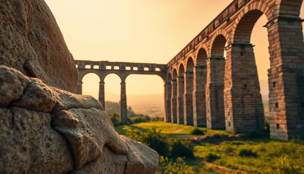 A majestic Roman aqueduct, its arched concrete structure weathered by centuries, stands tall and proud against a warm, golden sky. The foreground showcases the intricate, durable texture of the ancient Roman concrete, its surface pitted and worn but still firmly intact. In the middle ground, the aqueduct spans across a lush, verdant landscape, its iconic silhouette a testament to the engineering prowess of the Roman Empire. The background features rolling hills and a hazy, atmospheric horizon, creating a sense of timeless grandeur. The overall scene conveys a feeling of enduring strength and the lasting legacy of Roman innovation. A majestic Roman aqueduct, its arched concrete structure weathered by centuries, stands tall and proud against a warm, golden sky. The foreground showcases the intricate, durable texture of the ancient Roman concrete, its surface pitted and worn but still firmly intact. In the middle ground, the aqueduct spans across a lush, verdant landscape, its iconic silhouette a testament to the engineering prowess of the Roman Empire. The background features rolling hills and a hazy, atmospheric horizon, creating a sense of timeless grandeur. The overall scene conveys a feeling of enduring strength and the lasting legacy of Roman innovation.