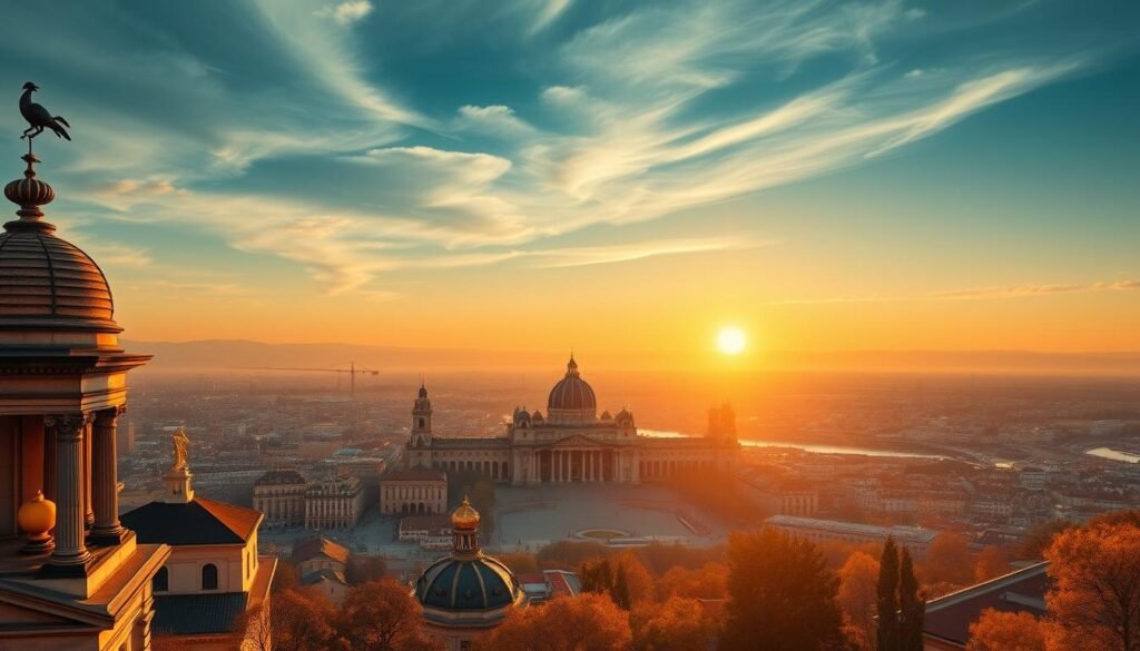 A majestic, sweeping panoramic view of the European continent, with iconic landmarks and symbols of unity in the foreground. In the middle ground, a grand, neo-classical architecture representing the foundations of a shared European identity. In the distance, a golden dawn breaks over the horizon, illuminating the diverse landscapes and cultures that have come together under the banner of a unified Europe. The scene is bathed in warm, golden light, conveying a sense of harmony, progress, and optimism. Cinematic, wide-angle composition with a slight wide-angle lens distortion to emphasize the scale and grandeur of the unification. Vista panorâmica da Europa celebrando o Dia da Europa, com marcos históricos e símbolos de união iluminados por uma aurora dourada.