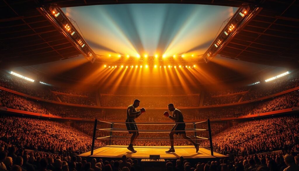 A massive boxing ring stands tall, surrounded by a massive stadium that can hold up to 120,000 spectators. The ring is illuminated by warm, golden lighting, casting a dramatic and intense atmosphere. The audience seats rise up in a sweeping arc, creating a sense of grandeur and spectacle. In the center of the ring, the shadows of two boxers are locked in a fierce battle, their movements fast and powerful. The scene conveys the sheer scale and magnitude of this historic boxing event, capturing the excitement and anticipation of the crowd. The image should reflect the awe-inspiring nature of the world's largest boxing ring, transporting the viewer to the heart of this incredible sporting spectacle. A massive boxing ring stands tall, surrounded by a massive stadium that can hold up to 120,000 spectators. The ring is illuminated by warm, golden lighting, casting a dramatic and intense atmosphere. The audience seats rise up in a sweeping arc, creating a sense of grandeur and spectacle. In the center of the ring, the shadows of two boxers are locked in a fierce battle, their movements fast and powerful. The scene conveys the sheer scale and magnitude of this historic boxing event, capturing the excitement and anticipation of the crowd. The image should reflect the awe-inspiring nature of the world's largest boxing ring, transporting the viewer to the heart of this incredible sporting spectacle.