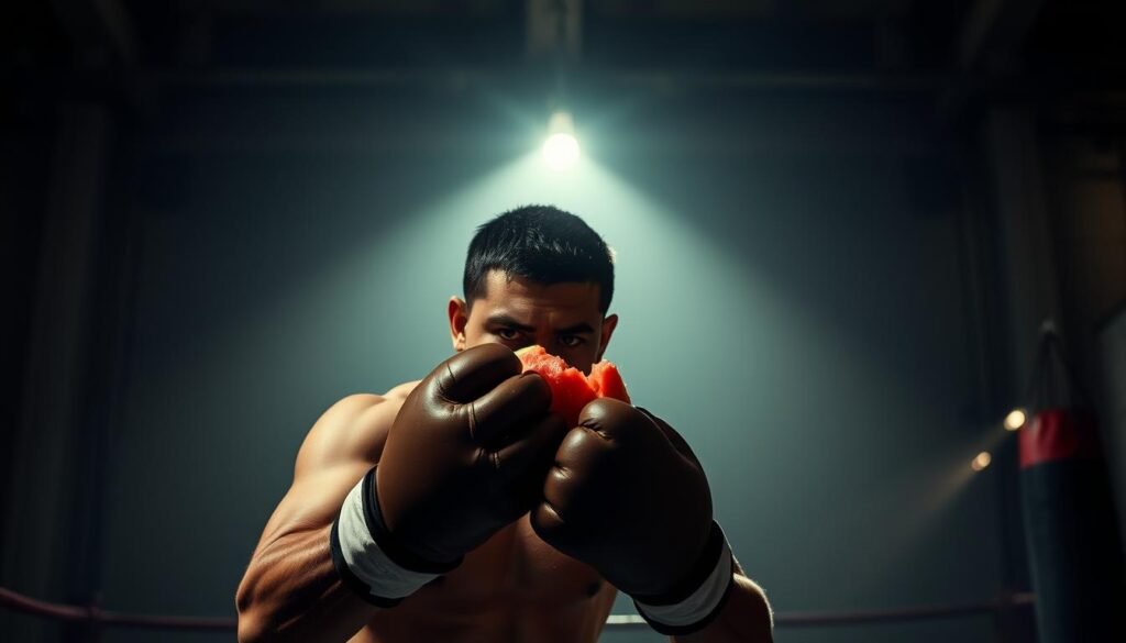 A melancholic boxer stands in a dimly lit boxing gym, his brow furrowed in concentration as he lands a powerful punch on a watermelon, the sound resonating through the cavernous space. The impact shatters the fruit, spraying juice and pulp across the worn leather gloves. Overhead, a single bare bulb casts long shadows, creating a moody, cinematic atmosphere. In the background, the faint outline of a speed bag and punching bag can be seen, hinting at the grueling training regimen hidden behind the satisfying thwack of melon against fist. A melancholic boxer stands in a dimly lit boxing gym, his brow furrowed in concentration as he lands a powerful punch on a watermelon, the sound resonating through the cavernous space. The impact shatters the fruit, spraying juice and pulp across the worn leather gloves. Overhead, a single bare bulb casts long shadows, creating a moody, cinematic atmosphere. In the background, the faint outline of a speed bag and punching bag can be seen, hinting at the grueling training regimen hidden behind the satisfying thwack of melon against fist.