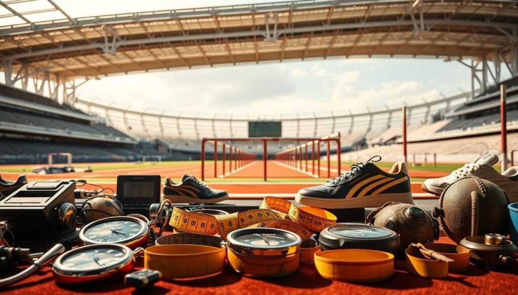 A meticulously detailed scene showcasing the evolution of athletic equipment. In the foreground, a collection of classic track and field implements - starting pistols, stopwatches, and measuring tapes - gleam under warm, natural lighting. In the middle ground, a selection of cutting-edge, aerodynamic running shoes, javelins, and discuses are displayed against a backdrop of vintage training equipment like hurdles and high jump poles. The background features a state-of-the-art athletic stadium, its modern architecture and sleek aesthetic highlighting the progression of athletic technology over time. An atmosphere of athletic history and innovation pervades the scene, inviting the viewer to explore the rich tapestry of equipment that has shaped the sport of track and field.