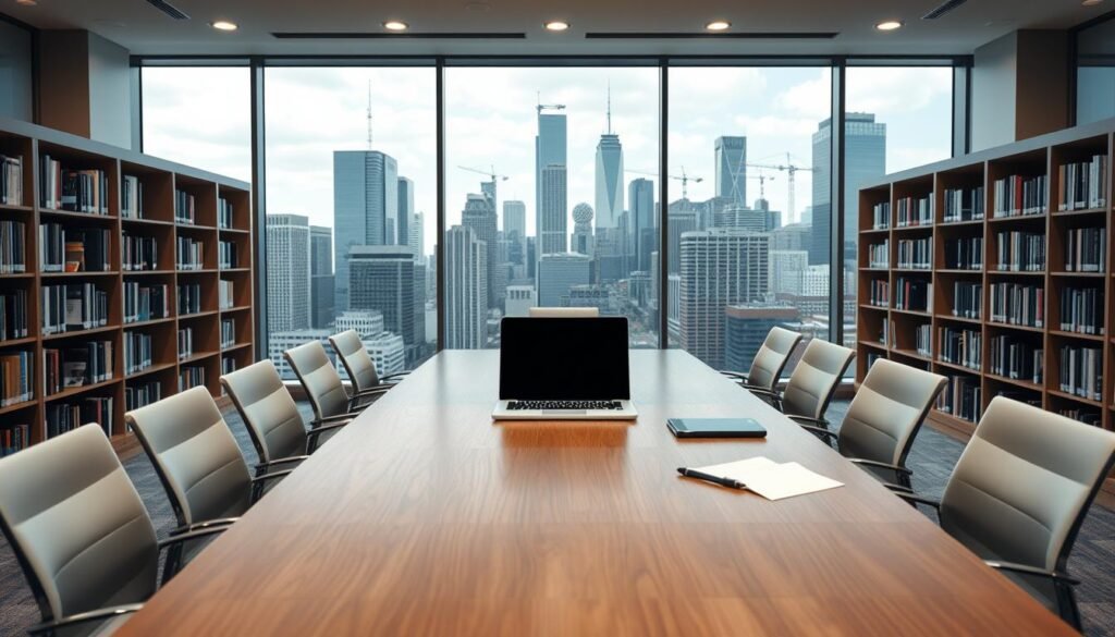 A modern, professional office interior with a large window overlooking a bustling cityscape. The foreground features a wooden conference table surrounded by sleek, minimalist chairs. On the table, a laptop, notepad, and a few pens create a sense of active, engaged work. The middle ground showcases bookshelves lining the walls, filled with neatly organized volumes. Subtle lighting from recessed ceiling fixtures casts a warm, focused glow across the space. The background features the cityscape beyond the window, with skyscrapers and cranes in the distance, suggesting a thriving business district. The overall atmosphere is one of productivity, innovation, and a well-run enterprise.