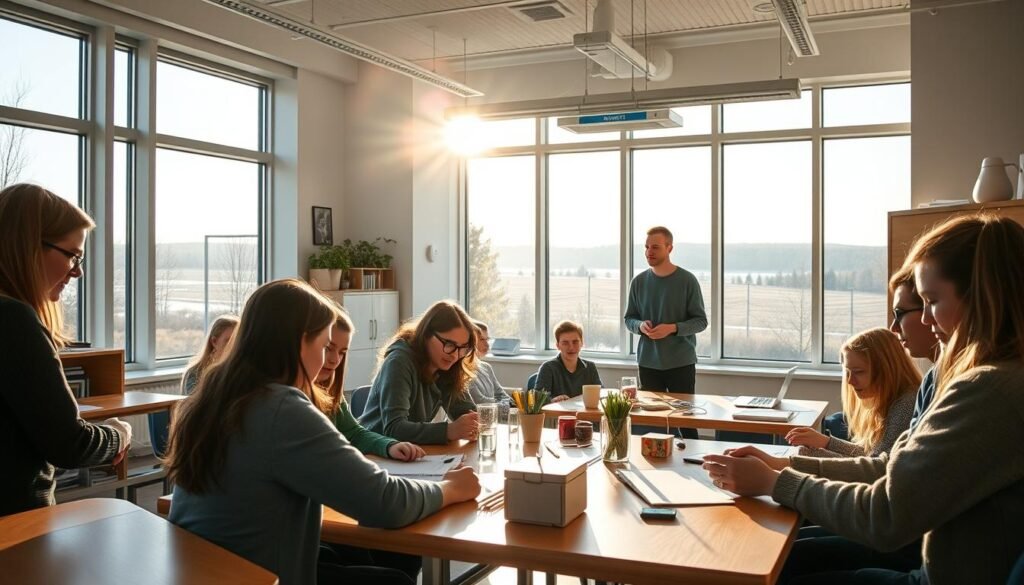 A modern, well-equipped Finnish classroom with an open, collaborative layout. Sunlight streams through large windows, creating a warm, inviting atmosphere. Students of diverse backgrounds engage in hands-on, project-based learning, utilizing a variety of digital and physical tools. The teacher guides the class, encouraging critical thinking and fostering a sense of community. In the background, glimpses of the Finnish landscape can be seen, reflecting the nation's commitment to education and sustainable living. A modern, well-equipped Finnish classroom with an open, collaborative layout. Sunlight streams through large windows, creating a warm, inviting atmosphere. Students of diverse backgrounds engage in hands-on, project-based learning, utilizing a variety of digital and physical tools. The teacher guides the class, encouraging critical thinking and fostering a sense of community. In the background, glimpses of the Finnish landscape can be seen, reflecting the nation's commitment to education and sustainable living.