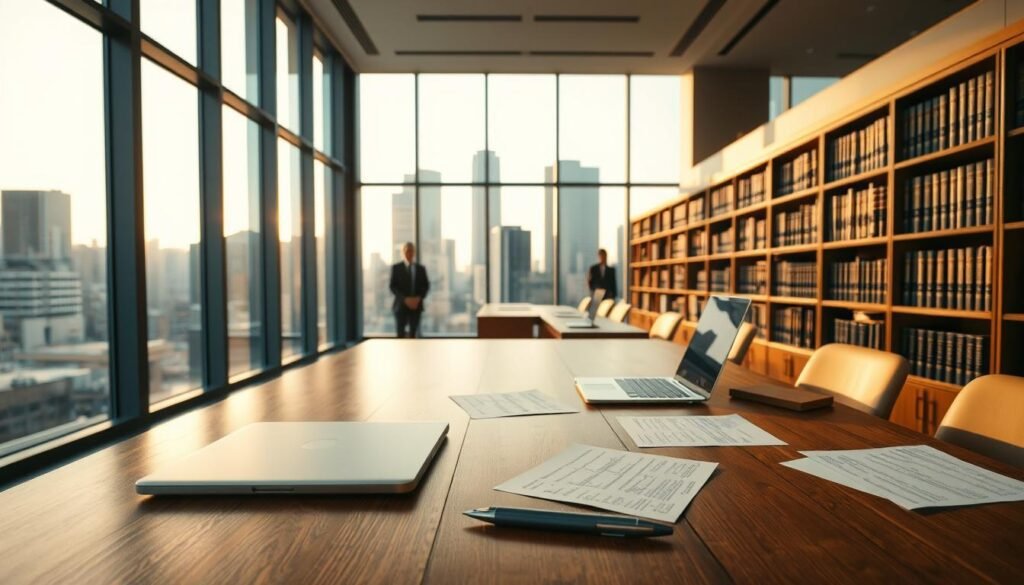 A modern, well-lit office interior with a large wooden desk in the foreground. On the desk, a laptop, a pen, and several papers with handwritten notes. In the middle ground, a row of bookshelves lining the walls, filled with legal volumes and documents. The background features large windows overlooking a cityscape, with a warm, golden late afternoon light filtering in. The overall atmosphere is one of professionalism, attention to detail, and careful consideration of important legal matters.