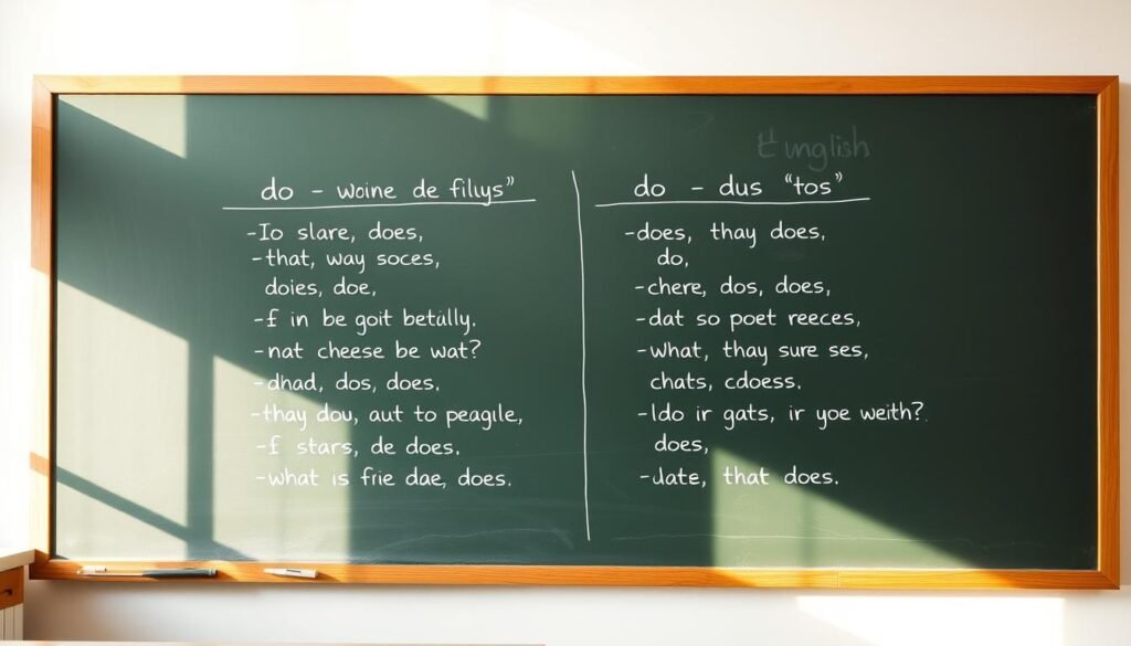 A neatly organized blackboard displaying exemplary English sentences using "do" and "does" against a softly lit classroom setting. The sentences are written in a clear, legible hand, with carefully chosen examples illustrating the proper usage of these auxiliary verbs. The blackboard is framed by a warm, wooden border, lending an air of academic authority. Soft natural light streams in through windows, creating a serene, contemplative atmosphere perfect for studying grammar. The overall composition conveys a sense of pedagogical expertise and attention to detail, suitable for illustrating a section on practical usage of "do" and "does" in an English language article.