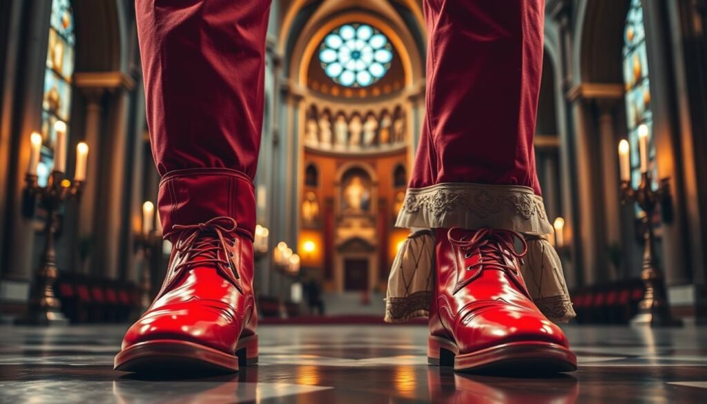 A pair of vibrant red leather papal shoes, worn with reverence and tradition, stand in the foreground, their gleaming surface reflecting the warm candlelight of a dimly lit cathedral interior. The middle ground features the intricate embroidery and ornate details of the papal vestments, hinting at the solemn ceremony and ancient rituals associated with the Catholic church. In the background, the grand, towering arches and stained glass windows of the cathedral create a sense of grandeur and timeless elegance, evoking the enduring legacy of the papacy and its ceremonial attire. A pair of vibrant red leather papal shoes, worn with reverence and tradition, stand in the foreground, their gleaming surface reflecting the warm candlelight of a dimly lit cathedral interior. The middle ground features the intricate embroidery and ornate details of the papal vestments, hinting at the solemn ceremony and ancient rituals associated with the Catholic church. In the background, the grand, towering arches and stained glass windows of the cathedral create a sense of grandeur and timeless elegance, evoking the enduring legacy of the papacy and its ceremonial attire.