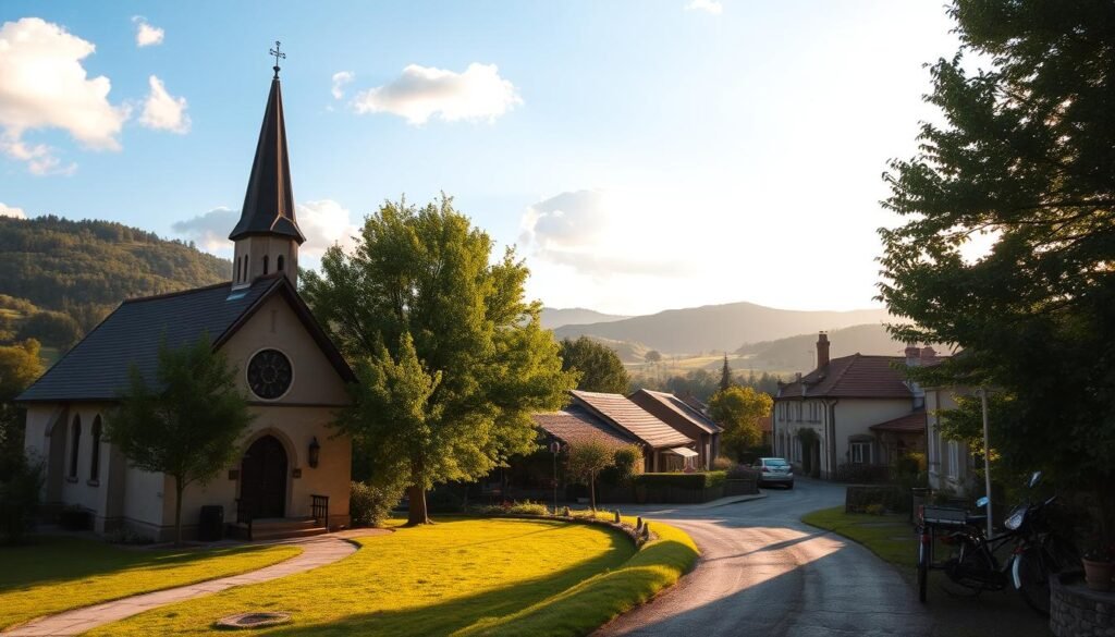 A peaceful Sunday morning in a cozy countryside setting. A picturesque small town church with a steeple and stained glass windows stands in the foreground, surrounded by lush green trees and a winding dirt path. In the middle ground, quaint houses with tiled roofs and colorful gardens line the street, while the background features rolling hills dotted with fluffy white clouds in a bright blue sky. The scene is bathed in warm, golden light, creating a serene and tranquil atmosphere that evokes a sense of rest and reflection on this day of the week.