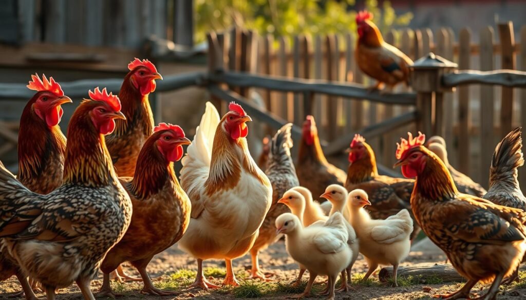 A peaceful farmyard scene with a group of chickens engaged in various communicative behaviors. In the foreground, several chickens stand alert, their heads tilted and beaks open, conveying a sense of warning or alarm. In the middle ground, a hen gently clucks to her chicks, guiding them with soft vocalizations. In the background, a rooster perches on a wooden fence, his head raised, crowing loudly to signal the approach of danger. The lighting is warm and natural, casting a golden glow across the scene. The composition is balanced, with the chickens' dynamic poses and expressive body language creating a captivating and informative illustration.
