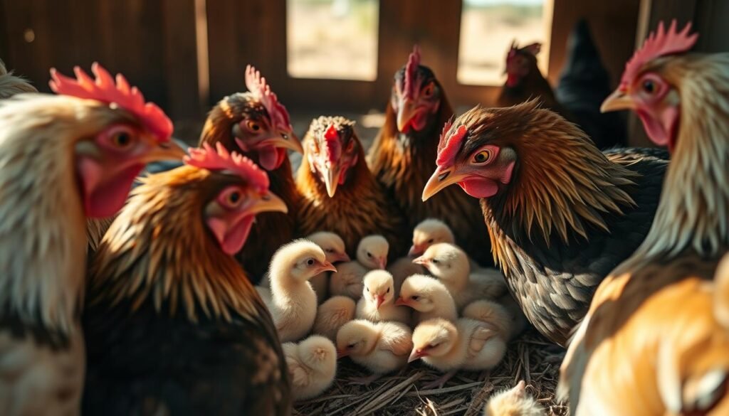 A peaceful farmyard scene with a group of mother hens gently communicating with their unhatched chicks. The hens are positioned in a semicircle, their heads tilted with attentive expressions as they softly cluck and coo. Soft natural light filters through the coop, casting warm, diffused shadows. The chicks respond with tiny peeps, their shells slightly cracked, indicating their imminent arrival. The overall mood is one of tender maternal care and anticipation, showcasing the deep bond between mother hens and their offspring even before birth.