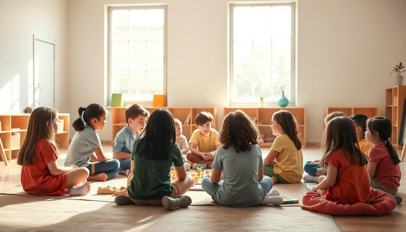 Crianças em sala de aula aprendendo sobre emoções e empatia com apoio da educação socioemocional.