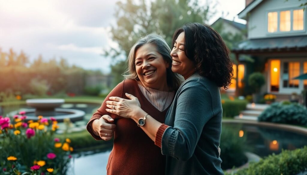 A peaceful scene of emotional well-being. In the foreground, a couple embracing warmly, their expressions radiant with joy and contentment. The middle ground features a lush, verdant garden, with vibrant flowers and a serene pond reflecting the azure sky above. Soft, diffused lighting casts a gentle glow, creating an atmosphere of tranquility and inner harmony. In the background, a cozy, inviting home stands, its windows shining like beacons of comfort and security. The overall composition conveys a sense of deep, meaningful connection, where the strength of relationships nurtures emotional fulfillment and personal growth. Conexões que curam: como os laços sociais influenciam sua felicidade