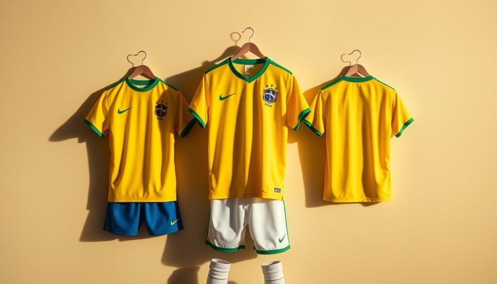 A photograph of the traditional uniform of the Brazilian national football team, captured in a dynamic and vibrant composition. The iconic yellow jersey with green trim, complemented by blue shorts and white socks, is presented against a neutralized background that allows the design details to shine. The lighting is warm and natural, casting subtle shadows that accentuate the fabric textures and player's silhouette. The camera angle is slightly elevated, providing a balanced and respectful perspective on this beloved and historic sports attire. Uniforme tradicional da Seleção Brasileira com camisa amarela, calção azul e meias brancas, exibido em composição vibrante e detalhada.