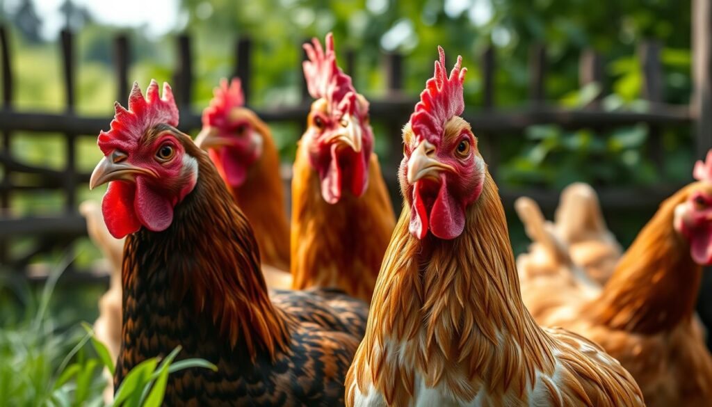 A photorealistic, hyper-detailed image of a group of curious domestic chickens, captured in natural daylight with soft, diffused lighting. The chickens are shown in a tranquil, pastoral setting, with lush greenery and a rustic wooden fence in the background. The birds have a thoughtful, attentive expression, as if reminiscing about a past experience or memorizing their surroundings. The composition emphasizes the birds' intelligent eyes and inquisitive body language, conveying a sense of their long-term memory and ability to recall specific locations and events. The overall mood is one of quiet contemplation and appreciation for the intricate inner lives of these common, yet remarkable, domestic fowl.