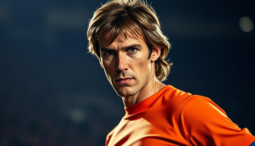 A portrait of Johan Cruyff, the legendary Dutch footballer, standing in a dynamic, cinematic pose. He is dressed in the iconic orange jersey of the Netherlands national team, known as the "Clockwork Orange" or "Laranja Mecânica." The lighting is dramatic, casting strong shadows and highlights across his face, emphasizing his intense, focused gaze. The background is blurred, placing the emphasis on Cruyff's powerful presence, the essence of the Dutch national team's style of play. Captured in a mid-action stance, Cruyff embodies the fluid, creative, and attacking spirit that defined the "Laranja Mecânica" era of Dutch football.