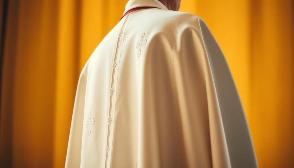 A pristine white papal stole, the pálio, adorns a draped figure against a warm, golden backdrop. The wool fabric flows gracefully, its delicate embroidered crosses catching the soft, natural light. The scene evokes a sense of reverence and solemnity, as if capturing a moment during an important liturgical celebration. The camera angle is slightly elevated, providing a compelling perspective that emphasizes the pálio's symbolic significance. The overall composition and palette create a contemplative, dignified atmosphere befitting the subject matter. A pristine white papal stole, the pálio, adorns a draped figure against a warm, golden backdrop. The wool fabric flows gracefully, its delicate embroidered crosses catching the soft, natural light. The scene evokes a sense of reverence and solemnity, as if capturing a moment during an important liturgical celebration. The camera angle is slightly elevated, providing a compelling perspective that emphasizes the pálio's symbolic significance. The overall composition and palette create a contemplative, dignified atmosphere befitting the subject matter.