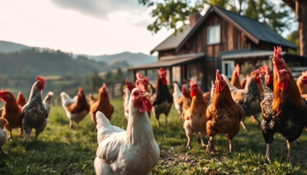 A quaint farmhouse nestled in a lush, rolling countryside, with a flock of chickens roaming freely in the foreground. The chickens display a diverse array of plumage, each with its own distinct personality and subtle vocal inflections, reflecting the regional variations in their 'accents'. Soft, warm lighting bathes the scene, creating a cozy, inviting atmosphere. The camera captures the scene from a low, eye-level perspective, allowing the viewer to immerse themselves in the charming, slice-of-life moment. The overall impression is one of peaceful, rural tranquility, showcasing the unique character and diversity of the humble yet remarkable creatures known as 'galinhas'.