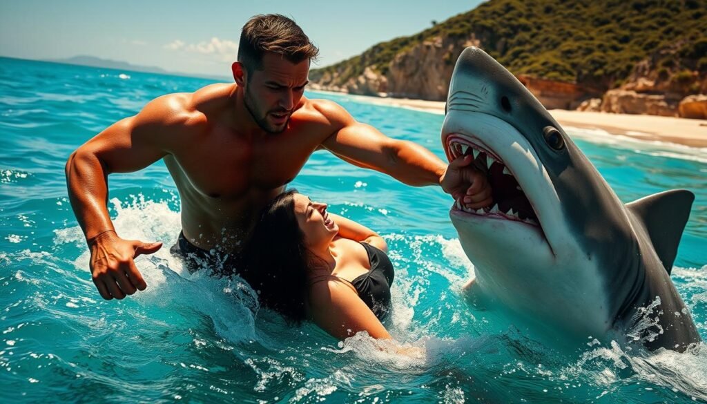 A rugged, tanned Australian man with a determined expression leaps into the crystal-clear azure waters, reaching out to grab a struggling woman as a massive, menacing shark lurches towards them. The sun glints off the man's muscular frame and the spray from the waves, creating a sense of urgency and drama. In the distant background, a picturesque coastline with lush, verdant cliffs provides a serene contrast to the perilous scene unfolding in the foreground. Dramatic lighting casts dramatic shadows, highlighting the heroic act and the man's bravery as he risks his own life to save a stranger from a vicious predator. A rugged, tanned Australian man with a determined expression leaps into the crystal-clear azure waters, reaching out to grab a struggling woman as a massive, menacing shark lurches towards them. The sun glints off the man's muscular frame and the spray from the waves, creating a sense of urgency and drama. In the distant background, a picturesque coastline with lush, verdant cliffs provides a serene contrast to the perilous scene unfolding in the foreground. Dramatic lighting casts dramatic shadows, highlighting the heroic act and the man's bravery as he risks his own life to save a stranger from a vicious predator.