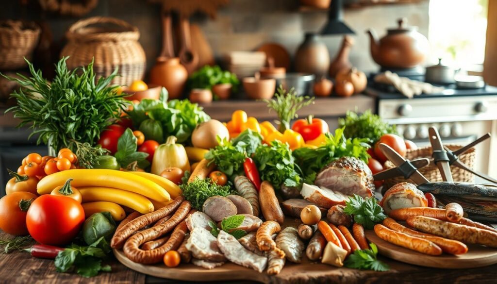 A rustic kitchen scene with an assortment of regional Brazilian ingredients laid out on a wooden table. In the foreground, an array of tropical fruits, vibrant vegetables, and aromatic herbs. In the middle ground, various cuts of meat, sausages, and seafood, hinting at the diverse culinary traditions. The background features a hand-woven basket, earthenware pots, and a glimpse of a traditional stove, all bathed in warm, natural lighting that casts a cozy, inviting atmosphere. The composition emphasizes the melting pot of flavors and techniques that contribute to the concept of "mistura" in Brazilian cuisine. A rustic kitchen scene with an assortment of regional Brazilian ingredients laid out on a wooden table. In the foreground, an array of tropical fruits, vibrant vegetables, and aromatic herbs. In the middle ground, various cuts of meat, sausages, and seafood, hinting at the diverse culinary traditions. The background features a hand-woven basket, earthenware pots, and a glimpse of a traditional stove, all bathed in warm, natural lighting that casts a cozy, inviting atmosphere. The composition emphasizes the melting pot of flavors and techniques that contribute to the concept of "mistura" in Brazilian cuisine.