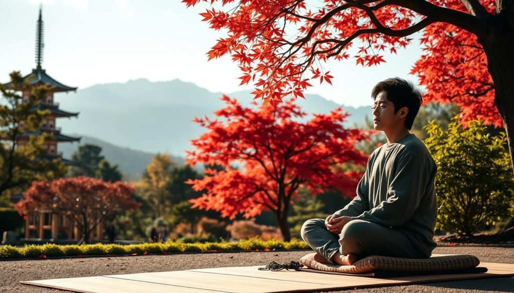 A serene Japanese landscape, with a tranquil garden setting. In the foreground, a focused individual sits cross-legged on a meditation cushion, eyes closed, hands resting gently in their lap. The middle ground features a beautiful Japanese maple tree, its vibrant red leaves casting a warm glow. In the background, a traditional pagoda-style structure stands tall, framed by a mountainous skyline. Soft, natural lighting illuminates the scene, creating a sense of inner peace and harmony. The overall atmosphere evokes a deep sense of purpose, reflection, and the pursuit of one's Ikigai - the Japanese concept of finding meaning and fulfillment in life. Ikigai