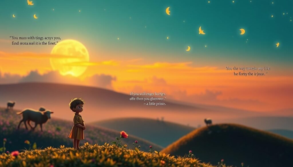 A serene and tranquil scene of "The Little Prince" with key quotes from the beloved book floating gently in the air. In the foreground, the titular character stands contemplatively, his eyes reflecting the wisdom of his simple yet profound observations. The middle ground features a lush, dreamlike landscape with vibrant colors and whimsical elements, such as a lone rose or a flock of sheep. The background showcases a warm, sunset-drenched sky, creating a sense of peace and introspection. The lighting is soft and diffused, evoking a sense of timelessness and poignancy. The overall mood is one of introspection, simplicity, and the power of child-like wonder to unlock the secrets of the universe.