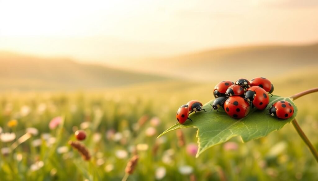 A serene and whimsical scene depicting the symbolic meaning of ladybugs. In the foreground, a cluster of vibrant red ladybugs with their distinctive black spots rest gently on a lush green leaf. Their carapaces glisten softly in the warm, diffused lighting. In the middle ground, a tranquil meadow filled with delicate wildflowers sways in a gentle breeze. The background features a hazy, ethereal landscape with rolling hills and a soft, golden sky, evoking a sense of calm and wonder. The overall composition conveys the ladybug's association with good luck, protection, and the simple joys of nature.
