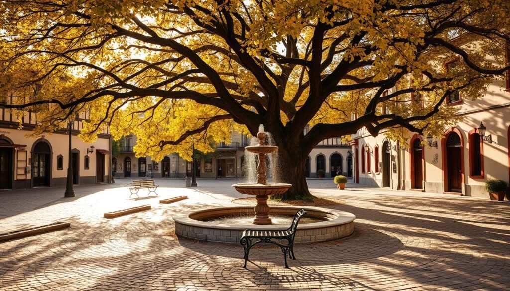 A serene autumn day, the golden leaves of a sprawling oak tree casting warm shadows across a quaint cobblestone plaza. In the center, a classic ornate fountain gently bubbles, its tranquil waters reflecting the soft light. Amidst the peaceful scene, a wrought-iron bench invites passersby to pause and take in the tranquil atmosphere. The architecture surrounding the plaza features charming half-timbered facades in muted hues, complementing the mellow autumnal tones. An overall feeling of timeless elegance and quiet contemplation pervades the setting, perfectly capturing the essence of "Wednesday: quarta-feira".
