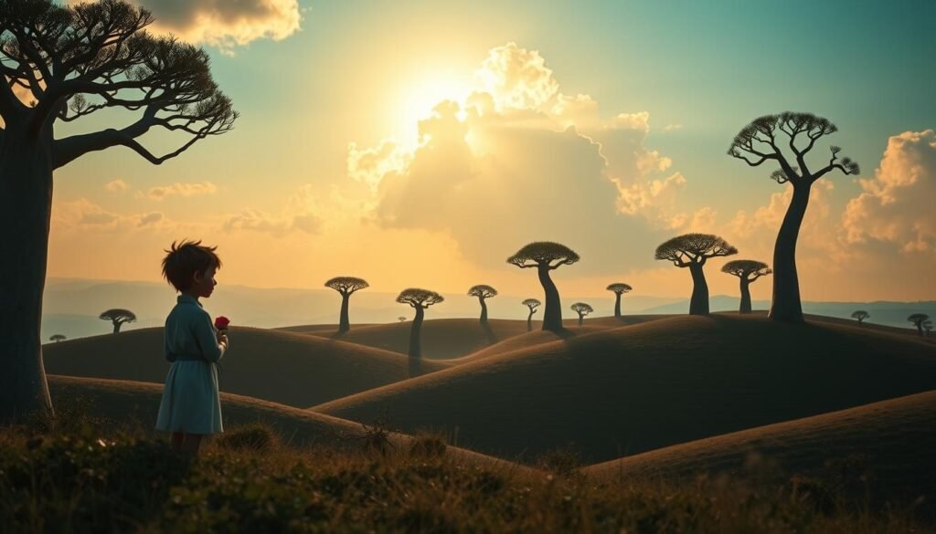 A serene landscape inspired by the beloved classic "The Little Prince" unfolds before the viewer. In the foreground, the ethereal figure of the Little Prince stands in contemplation, his gaze fixed on a single rose that symbolizes his cherished friendship and responsibility. The middle ground showcases a tranquil, rolling hillside dotted with whimsical baobab trees, their twisted trunks reaching towards the sky. In the background, a warm, golden light filters through a cloud-kissed sky, casting a gentle glow over the scene. The overall mood is one of introspection, wonder, and the profound realization that true connection breeds a lifelong commitment. Captured with a soft, dreamlike lens, this image embodies the timeless lessons of "The Little Prince" and the enduring wisdom it imparts.