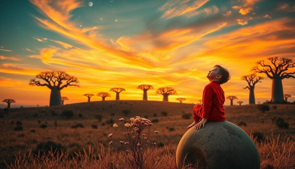 A serene landscape with a timeless, whimsical atmosphere. In the foreground, a young boy in a bright red outfit sits atop a small planet, gazing up at the stars with a contemplative expression. Wispy clouds drift across a vibrant, sunset-hued sky, bathing the scene in a warm, golden light. In the middle ground, a cluster of delicate, blooming flowers sway gently in a soft breeze. The background features a tranquil, rolling hill dotted with towering baobab trees, their twisted trunks and branches reaching towards the heavens. An air of wonder, wisdom, and the profound lessons of life permeate the entire composition.