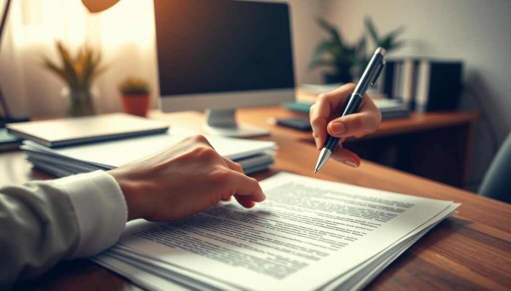 A serene office scene with a wooden desk, a computer monitor, and a stack of documents. In the foreground, a person's hand carefully correcting and revising the text on the papers, a focused expression on their face. Soft, warm lighting illuminates the scene, creating a sense of diligence and attention to detail. The background is blurred, emphasizing the task at hand. The composition suggests the process of "retificação de textos," the act of carefully reviewing and refining written work to ensure accuracy and clarity.