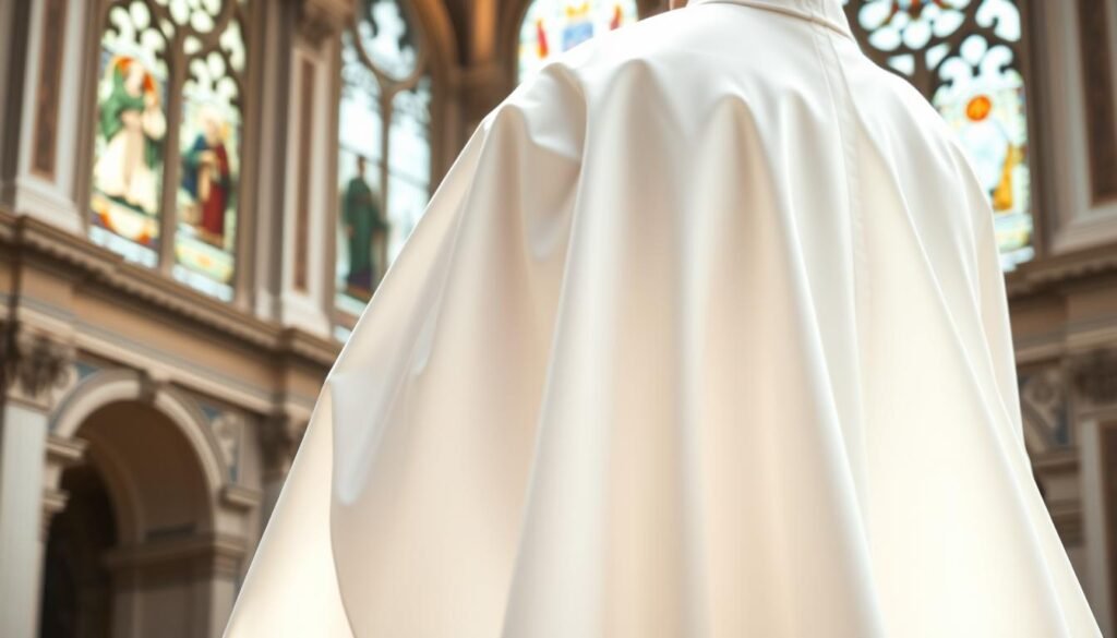 A serene, radiant white papal cassock, meticulously tailored, flowing gracefully against a backdrop of ornate Vatican architecture. The cassock's lush, immaculate fabric gently billows, catching the soft, heavenly light that filters through stained glass windows. The cassock's high collar and long sleeves convey a sense of profound dignity and unwavering spirituality. In the foreground, the cassock's crisp, pristine creases and folds evoke a palpable aura of purity and authority, mirroring the solemn reverence of the wearer. Seamlessly blending reverence and regality, this image captures the essence of the Pope's white cassock as a symbol of divine grace and ecclesiastical supremacy. A serene, radiant white papal cassock, meticulously tailored, flowing gracefully against a backdrop of ornate Vatican architecture. The cassock's lush, immaculate fabric gently billows, catching the soft, heavenly light that filters through stained glass windows. The cassock's high collar and long sleeves convey a sense of profound dignity and unwavering spirituality. In the foreground, the cassock's crisp, pristine creases and folds evoke a palpable aura of purity and authority, mirroring the solemn reverence of the wearer. Seamlessly blending reverence and regality, this image captures the essence of the Pope's white cassock as a symbol of divine grace and ecclesiastical supremacy.