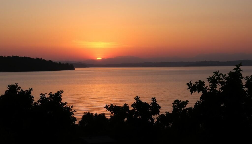 A serene sunset over a tranquil lake, the water reflecting the warm, golden hues of the sky. In the foreground, a silhouetted shoreline with lush, verdant foliage. Warm, diffused lighting bathes the scene, creating a sense of calm and peaceful ambiance. The horizon is painted with vibrant shades of orange, pink, and purple, hinting at the impending arrival of dusk. The composition is balanced, with the lake occupying the central focus, flanked by the shoreline on one side and the vast, open sky on the other. This picturesque "pôr do sol" scene conveys the beauty and wonder of the setting sun, illustrating why the correct Portuguese spelling is essential.
