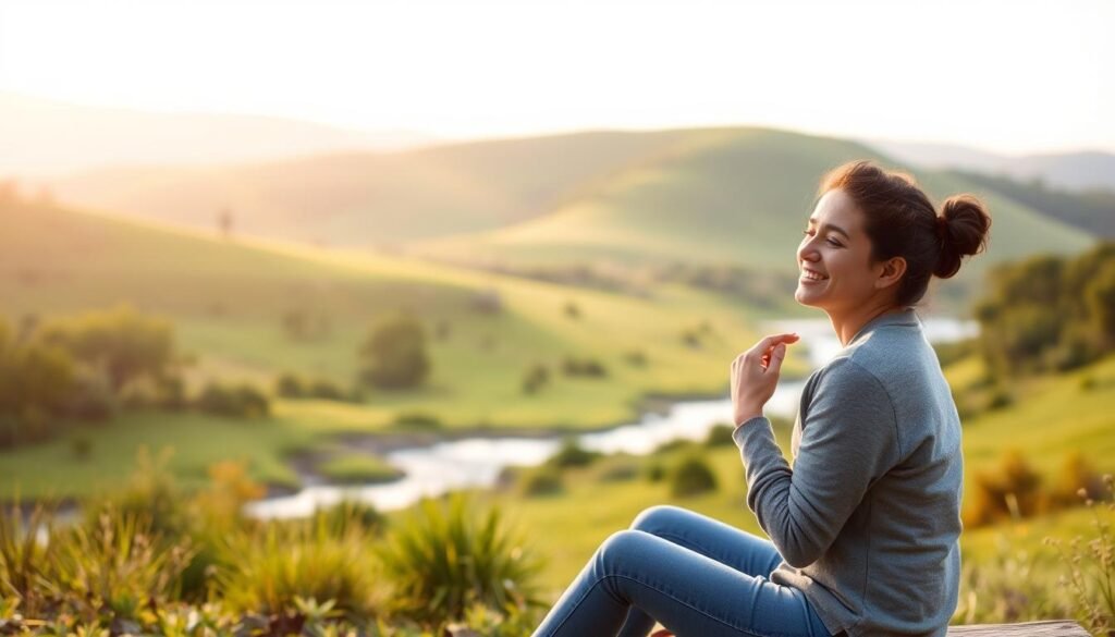 A serene, tranquil scene depicting emotional well-being. In the foreground, a person sits in a thoughtful, contemplative pose, their face radiating a sense of inner peace and contentment. The middle ground features a lush, verdant landscape with rolling hills and a gentle stream, evoking a calming, natural environment. The background is bathed in soft, warm lighting, creating a soothing, inviting atmosphere. The overall composition conveys a sense of harmony, balance, and emotional fulfillment, capturing the essence of "bem-estar emocional." A serene, tranquil scene depicting emotional well-being. In the foreground, a person sits in a thoughtful, contemplative pose, their face radiating a sense of inner peace and contentment. The middle ground features a lush, verdant landscape with rolling hills and a gentle stream, evoking a calming, natural environment. The background is bathed in soft, warm lighting, creating a soothing, inviting atmosphere. The overall composition conveys a sense of harmony, balance, and emotional fulfillment, capturing the essence of "bem-estar emocional."