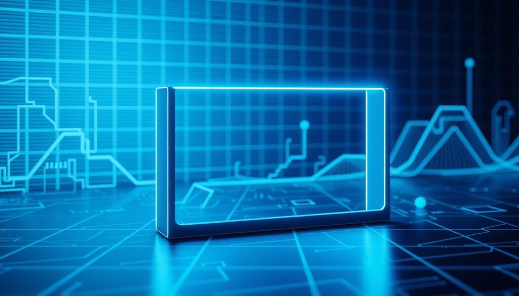 A sleek, modern rectangle forms the centerpiece of this digital landscape. Bathed in a cool, technological glow, the shape is rendered with precision, its edges sharp and its surfaces smooth. In the background, a gridded pattern of lines and shapes evokes the digital interface, hinting at the ubiquity of rectangular forms in our technology-driven world. The lighting is crisp and directional, casting dramatic shadows that emphasize the geometric form. The overall mood is one of clean, minimalist sophistication, inviting the viewer to contemplate the hidden significance of this simple, yet ubiquitous shape.
