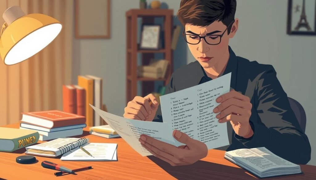 A sophisticated illustration of a person intensely practicing pronunciation exercises. The foreground depicts a focused individual closely examining a sheet of paper with phonetic exercises, their face illuminated by warm, directional lighting. The middle ground showcases an array of linguistically-themed objects - pronunciation guides, dictionaries, and language learning tools - scattered across a wooden desktop. The background maintains a blurred, softly-lit ambiance, creating a contemplative atmosphere conducive to language study. The overall scene conveys a sense of dedication and diligence in mastering the nuances of speech.