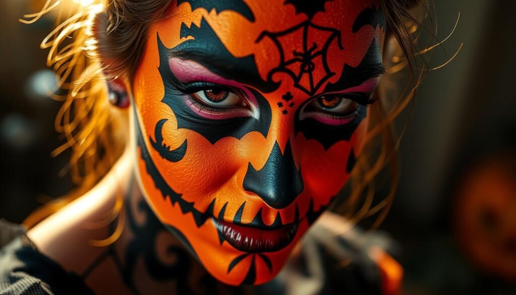 A spooky and festive Halloween makeup scene, featuring a close-up of a person's face with intricate, detailed face paint. The design incorporates traditional Halloween elements such as bats, spiderwebs, and jack-o'-lanterns, all rendered in a vibrant, dramatic color palette of oranges, blacks, and purples. The lighting is dramatic, casting deep shadows and highlights to accentuate the makeup's contours. The model's expression is one of mischief and playfulness, perfectly capturing the spirit of "Gostosuras ou Travessuras." The image has a sense of depth, with the background blurred to keep the focus on the striking makeup details.