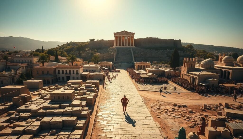 A sprawling ancient Greek city in the foreground, with a grand marble temple on a hilltop in the distance. The sun shines brightly, casting long shadows across the scene. In the center, a lone figure, a messenger, runs urgently through the streets, carrying news of a great battle. The people watch in awe, as the legend of the first marathon takes shape before their eyes. Crisp, detailed, cinematic composition, with a sense of historical drama and grandeur.