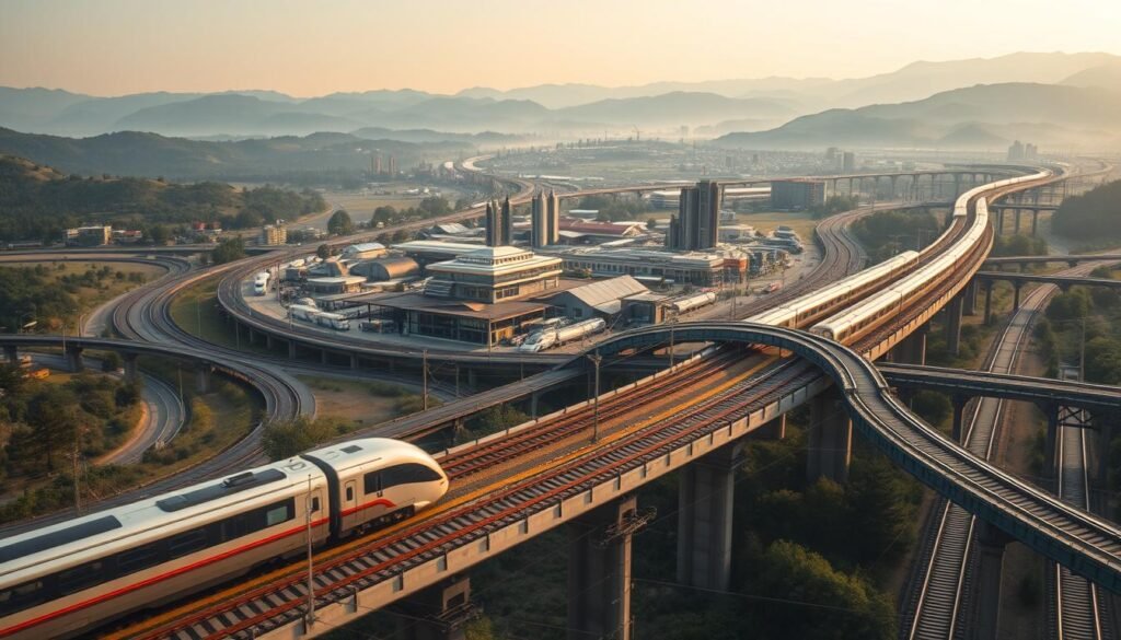 A sprawling, intricate rail network unfolds across a breathtaking landscape. In the foreground, sleek modern trains glide along elevated tracks, their smooth contours reflecting the warm glow of the sun. In the middle ground, bustling train stations and maintenance facilities stand tall, their architectural designs blending seamlessly with the surrounding environment. In the background, rolling hills, lush forests, and majestic mountains create a picturesque backdrop, hinting at the vast interconnectedness of this ambitious rail project. Soft, diffused lighting casts a sense of tranquility over the scene, while a wide-angle lens captures the grandeur and scale of this transformative infrastructure. The overall mood conveys a harmonious integration of technology, nature, and human ingenuity, embodying the essence of a sustainable, efficient, and interconnected transportation network. Trem moderno da Rail Baltica cruzando paisagem natural da Europa, símbolo de transporte sustentável e integração entre países.