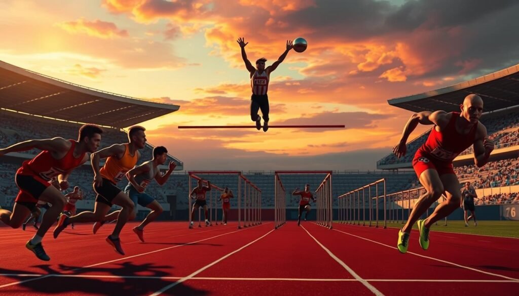 A stadium packed with legendary athletes, their muscular forms glowing under dramatic lighting. In the foreground, a quartet of sprinters, their limbs a blur as they race towards the finish line. Behind them, a high jumper soars gracefully over the bar, their body silhouetted against a vibrant, sunset-hued sky. In the middle ground, a group of shot putters unleash their powerful throws, the heavy metal orbs arcing through the air. In the background, a line of hurdles stands tall, evoking the determination and skill of those who conquer them. The scene exudes a sense of athletic prowess, capturing the essence of the most legendary figures in the sport of track and field.