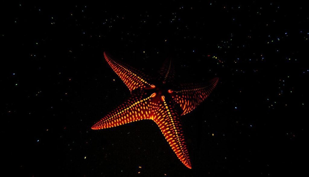A starry seabed, illuminated by the glow of bioluminescent plankton, provides the backdrop for a captivating pentagonal shape. The five-pointed star, formed by the graceful limbs of a vibrant sea star, takes center stage, its delicate arms outstretched against the infinite expanse of the cosmos. The scene is bathed in a warm, ethereal light, casting a mesmerizing glow that accentuates the intricate textures and patterns of the marine creature. The pentagonal silhouette stands as a testament to the hidden geometric wonders that exist within the natural world, inviting the viewer to discover the extraordinary in the seemingly ordinary.