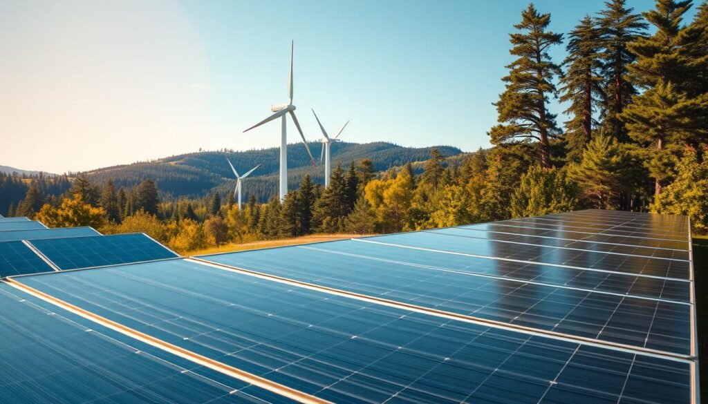 A striking aerial view of cutting-edge renewable energy technologies harmoniously integrated into a pristine natural landscape. In the foreground, sleek solar panels glisten in the warm sunlight, their smooth surfaces reflecting the clear blue sky. In the middle ground, towering wind turbines stand tall, their graceful blades cutting through the air with effortless precision. The background showcases a lush, verdant forest, its towering trees and rolling hills creating a serene, idyllic backdrop. The overall scene conveys a sense of balance, with innovative sustainable solutions coexisting in perfect harmony with the untouched natural environment. Soft, diffused lighting casts a warm, inviting glow over the entire composition, highlighting the advanced technologies while maintaining a peaceful, contemplative mood. A striking aerial view of cutting-edge renewable energy technologies harmoniously integrated into a pristine natural landscape. In the foreground, sleek solar panels glisten in the warm sunlight, their smooth surfaces reflecting the clear blue sky. In the middle ground, towering wind turbines stand tall, their graceful blades cutting through the air with effortless precision. The background showcases a lush, verdant forest, its towering trees and rolling hills creating a serene, idyllic backdrop. The overall scene conveys a sense of balance, with innovative sustainable solutions coexisting in perfect harmony with the untouched natural environment. Soft, diffused lighting casts a warm, inviting glow over the entire composition, highlighting the advanced technologies while maintaining a peaceful, contemplative mood.