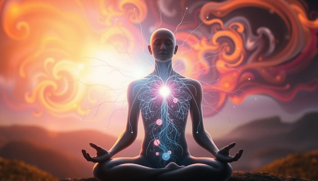 A striking visual representation of the mind-body-spirit connection. In the foreground, a serene human figure in a meditative pose, surrounded by a soft, glowing aura. The midsection depicts an intricate network of neural pathways, pulsing with energy and interconnectedness. In the background, a vibrant, ethereal landscape with swirling colors and abstract shapes, symbolizing the spiritual realm. The lighting is warm and diffused, creating a contemplative, almost mystical atmosphere. The composition is balanced and harmonious, inviting the viewer to ponder the deep, holistic nature of human wellbeing. Cinematic, widescreen aspect ratio with a dreamlike, impressionistic style. Conexões que curam: como os laços sociais influenciam sua felicidade