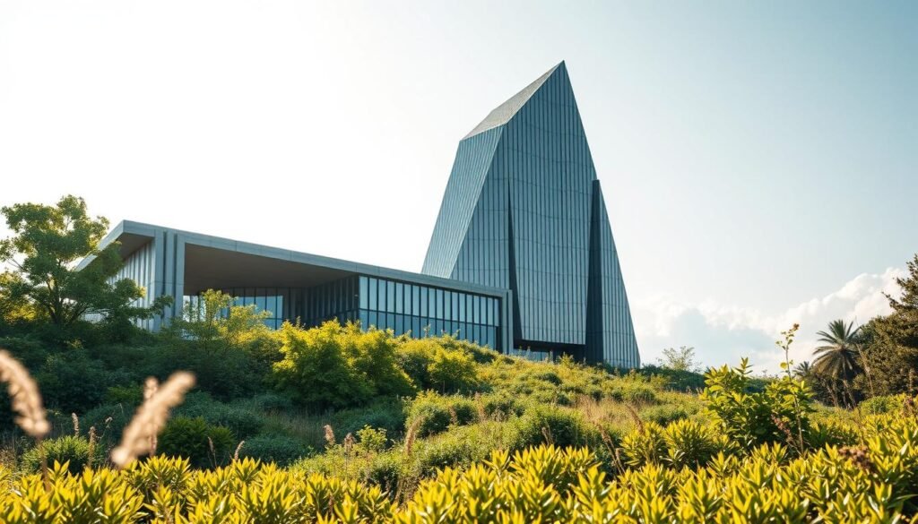 A stunning architectural marvel emerges, showcasing the pinnacle of sustainable design. In the foreground, a sleek, angular building stands tall, its facade adorned with strategically placed windows that harness natural light. The middle ground reveals a lush, verdant landscape, where native flora thrives, blending seamlessly with the structure. In the background, a cloudless sky sets the stage, accentuating the harmonious integration of the built and natural environments. Warm, diffused lighting casts a gentle glow, illuminating the sustainable features - renewable materials, energy-efficient systems, and a holistic approach to minimize environmental impact. This image captures the essence of the New European Bauhaus initiative, where aesthetics, sustainability, and inclusivity converge to redefine the future of architectural design. A stunning architectural marvel emerges, showcasing the pinnacle of sustainable design. In the foreground, a sleek, angular building stands tall, its facade adorned with strategically placed windows that harness natural light. The middle ground reveals a lush, verdant landscape, where native flora thrives, blending seamlessly with the structure. In the background, a cloudless sky sets the stage, accentuating the harmonious integration of the built and natural environments. Warm, diffused lighting casts a gentle glow, illuminating the sustainable features - renewable materials, energy-efficient systems, and a holistic approach to minimize environmental impact. This image captures the essence of the New European Bauhaus initiative, where aesthetics, sustainability, and inclusivity converge to redefine the future of architectural design.