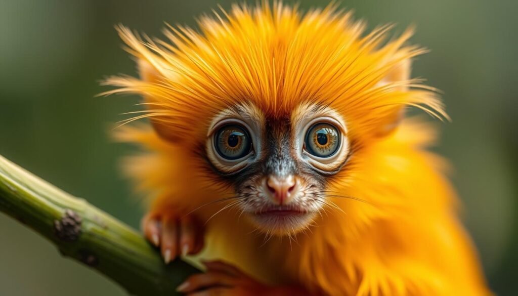 A stunning, detailed close-up portrait of a Golden Lion Tamarin (Leontopithecus rosalia), a small and vibrant primate endemic to the Atlantic Forest of Brazil. The tamarin is perched on a lush, verdant branch, its golden-orange fur shimmering in the soft, warm lighting. Its large, expressive eyes gaze directly at the viewer, conveying the animal's intelligence and curiosity. The background is blurred, allowing the tamarin to be the focal point, emphasizing its beauty and unique characteristics. The lighting is natural and flattering, accentuating the tamarin's distinctive features and vibrant coloration. The overall composition is balanced and visually striking, capturing the essence of this remarkable species, the "golden treasure of the Atlantic Forest".