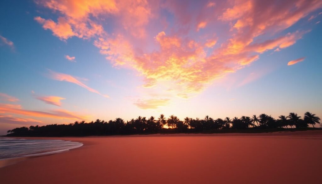 A stunning sunset over a serene coastal landscape. In the foreground, a picturesque beach with gently lapping waves and soft golden sand. In the middle ground, a row of swaying palm trees silhouetted against the vibrant sky. The background is dominated by a breathtaking display of warm hues - fiery oranges, deep reds, and soft pinks - as the sun dips below the horizon, casting a magical glow over the entire scene. The lighting is soft and diffused, creating a dreamlike, ethereal atmosphere. Capture this enchanting moment with a wide, high-angle lens to showcase the grandeur of the "pôr do sol".