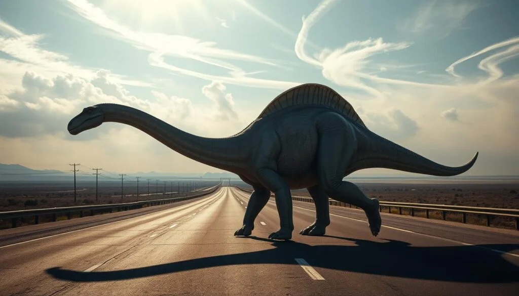 A surreal highway landscape, with a colossal brachiosaurus striding across the asphalt, its towering form casting a majestic shadow over the deserted road. Sunlight filters through wispy clouds, creating a dreamlike atmosphere. The dinosaur's skin has a weathered, textured appearance, conveying a sense of primordial power. In the distance, a hazy horizon blends the sky and earth, as if the world has been transported to a forgotten era. The scene is both awe-inspiring and unsettling, evoking a sense of displacement and the fragility of human existence in the face of nature's ancient grandeur. Descubra a origem do famoso quadro “Dinossauro na Estrada” e conheça o artista suíço, criador da obra que marcou os anos 90.