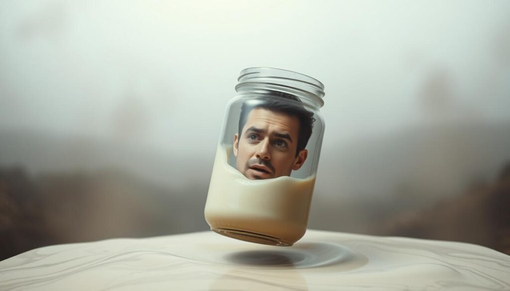 A surreal scene of a person's head emerging from a jar of mayonnaise, suspended in a dreamlike, ethereal landscape. The figure's expression is one of bewilderment and disorientation, as if they have been inexplicably transported into this strange, creamy environment. The background is hazy and indistinct, with muted colors and a sense of unease, conveying the unsettling nature of this unexpected situation. Soft, diffused lighting illuminates the scene, creating an atmospheric and subtly unsettling mood. The image captures the essence of the phrase "viajar na maionese," suggesting a disorienting and surreal experience. A surreal scene of a person's head emerging from a jar of mayonnaise, suspended in a dreamlike, ethereal landscape. The figure's expression is one of bewilderment and disorientation, as if they have been inexplicably transported into this strange, creamy environment. The background is hazy and indistinct, with muted colors and a sense of unease, conveying the unsettling nature of this unexpected situation. Soft, diffused lighting illuminates the scene, creating an atmospheric and subtly unsettling mood. The image captures the essence of the phrase "viajar na maionese," suggesting a disorienting and surreal experience.