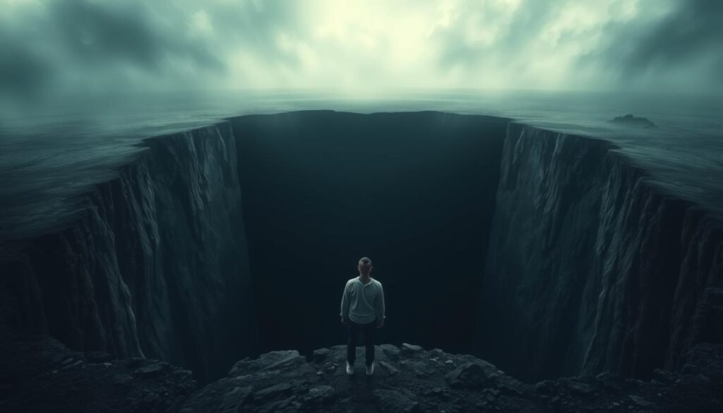 A surreal, unsettling scene depicting the symptoms of batophobia, the irrational fear of depths. In the foreground, a person stands at the edge of a vast, bottomless chasm, their body language tense and anxious. The middle ground features the person's distorted reflection in the dark, mirror-like surface, emphasizing the sense of unease and distortion. The background is a hazy, dreamlike landscape with a heavy, oppressive atmosphere, evoking the overwhelming nature of the phobia. The lighting is dramatic, with harsh shadows and muted colors, contributing to the overall sense of discomfort and unease. The composition is designed to capture the essence of the daily manifestations of batophobia, drawing the viewer into the visceral experience of the phobia. Pessoa diante de um abismo surreal, com expressão corporal de ansiedade e medo.