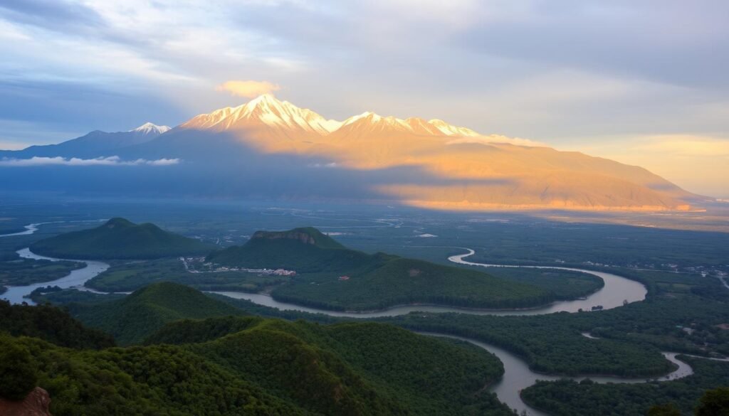 A sweeping vista of the rugged Colombian geography, with the Andes mountains rising majestically in the background, their snow-capped peaks glowing under the warm, golden sunlight. In the foreground, a lush, verdant landscape unfolds, dotted with winding rivers that flow towards the dual coastlines - the Pacific Ocean to the west and the Caribbean Sea to the north. The scene captures the diverse terrains of this South American nation, from the towering peaks to the tropical lowlands, showcasing Colombia's unique position as the only country in the region with access to both the Pacific and Atlantic Oceans. Imagem que retrata a geografia diversificada da Colômbia, único país da América do Sul com acesso tanto ao Oceano Pacífico quanto ao Atlântico (Caribe). Ideal para destacar curiosidades regionais no conteúdo sobre os países da América do Sul.